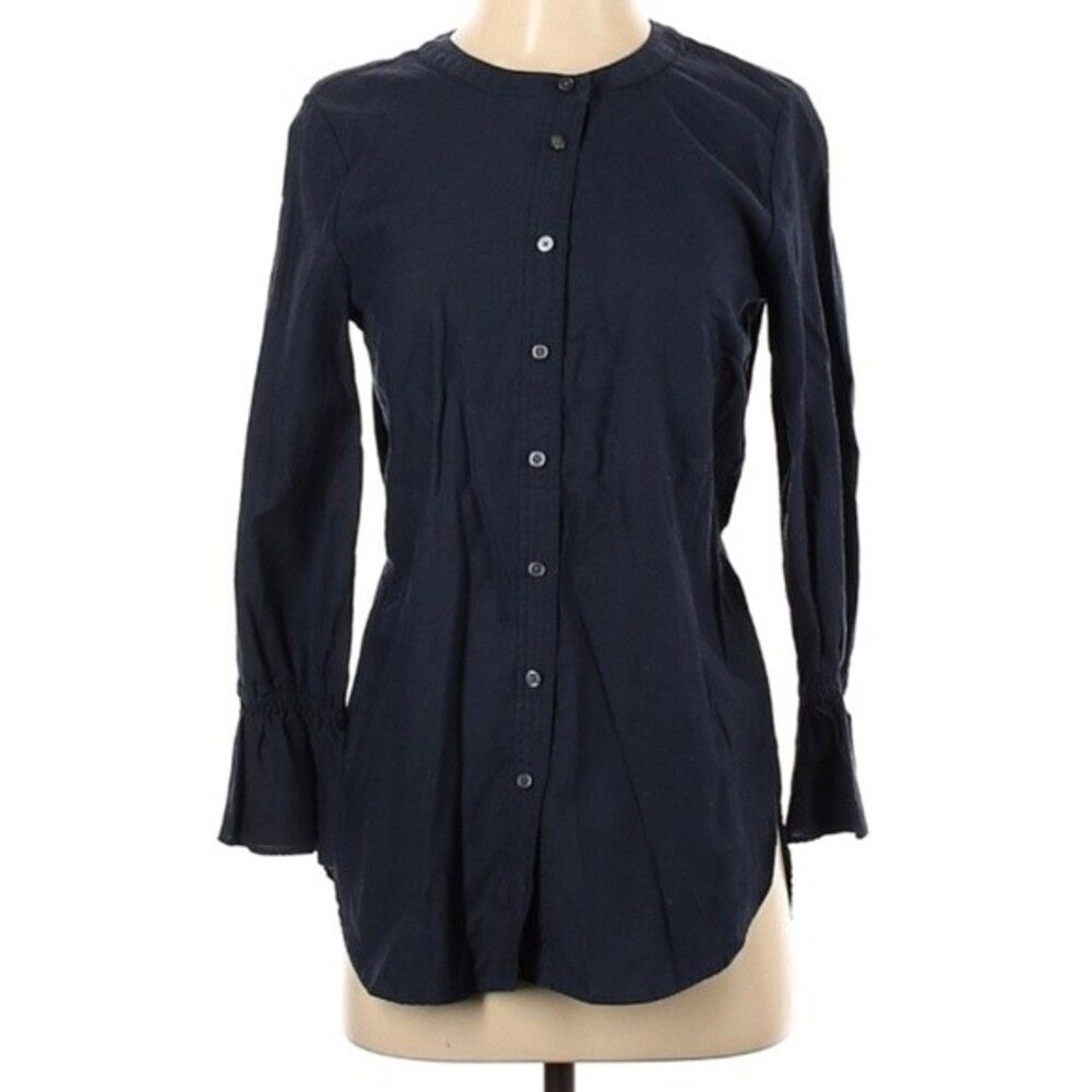 ann taylor loft shirt navy blue cotton tunic top shirt sp ps 2 xs long sleeve